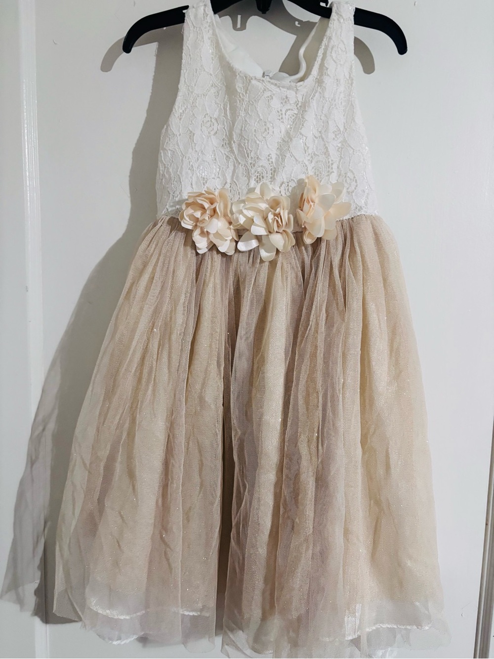 Sweet Heart Rose White Lace & Champagne Tulle Flower Girl Dress